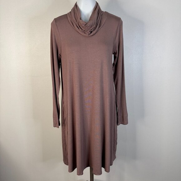 Socialite Shift Dress Medium Taupe Brown Cowl Neck Long Sleeve Pockets Stretch - Picture 1 of 11